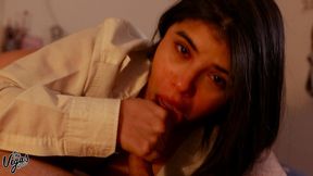 romantic pov blowjob – deepthroat, ball licking and cum swallow in open white shirt - selena vega