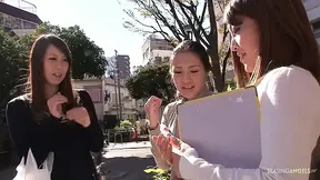 Three Asian women get turned on by handsome men at dinner.