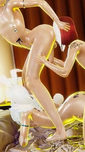 Yaoi - Femboy Trio, One Fucks Another While Eating the Ass of a Third