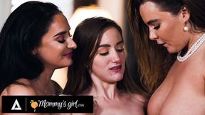 Two sultry matures get saucy &mdash;  tag-team seduction with petite dark-haired beauty