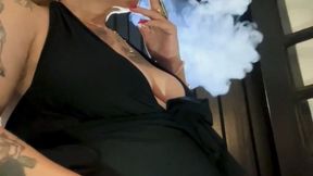 Red Marlboro - Mature pregnant woman smoking in hotel room - Deep Inhales, Nose exhales, Puffs, Smoke rings, Long drag, Black dress with deep cleavage, Red lipstick, Long blonde hair tied back, Long red nails