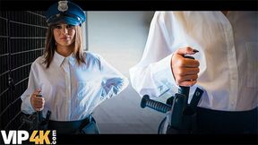 Playful Michael Fly and Lucy Mendez at uniform movie