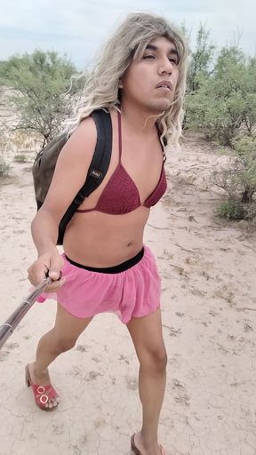 Cute trans changes clothes and heels likes to get naked in hot public   Clip 1