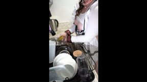 Cuffed MAID washes dishes in THONG then displays TITS and SPANKS herself