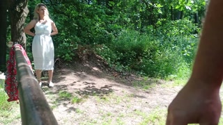 Old sexy hitchhiker whore from street fucked in forest with and then without a condom