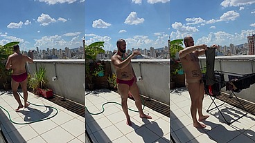 Regando as plantas e estendendo roupa peladão