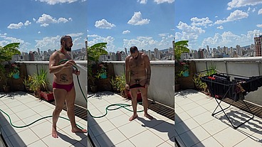 Regando as plantas e estendendo roupa peladão