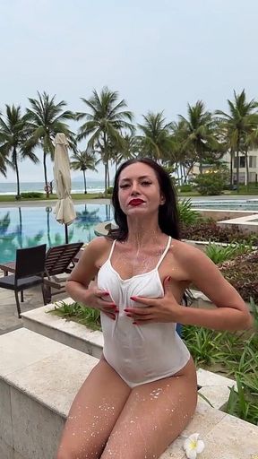 Milking & Getting Messy in See-through Bodysuit Outdoor