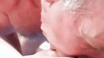 Mature daddy gives blowjob on staircase and tastes cum