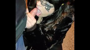 Mature slut gives outdoor blowjob with cum in mouth