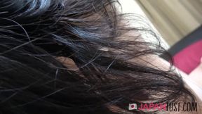 Skinny Japanese cougar gets hairy pussy creampie POV