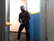 risky masked jerk off in gym hall
