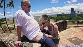 On a hill in the park -- a blow job that slips into standing doggy