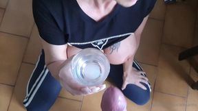 return home from the market and drink sperm from a glass after a blowjob