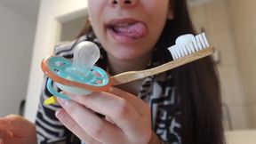 Indian Stepsister Brushes Teeth Then Sucks Pacifier And Does Camel Toe Pussy Then Rubs The Pacifier To Her Pussy And Masturbates With It