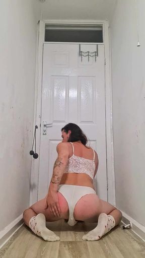 Real homemade amateur solo British shemale teen spanking my ass in my bathroom wearing my dirty white ankle socks