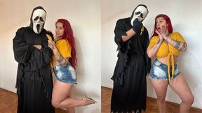 Amateur redhead chokes on thick cock in Halloween costume