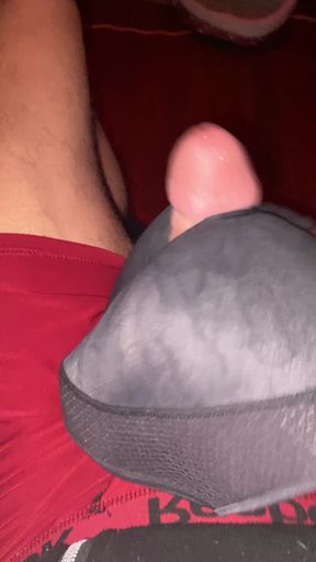 Shrokeing my big dick with my mom&amp;#039;s freinds big black hanes bra