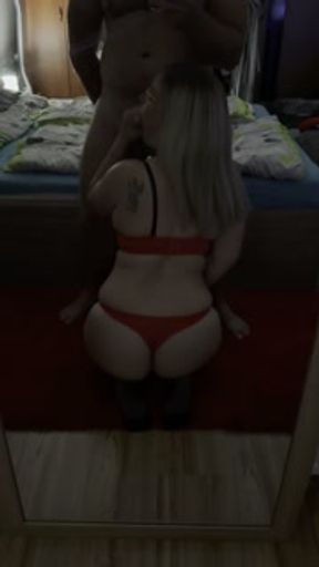 I called the neighbor's wife over and gave her a blowjob in front of the mirror and finished her off