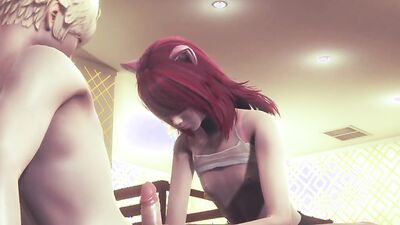 Catboy jerks Erito until he's covered in cum after getting a hot facial from Femboy