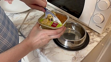 Lesbian`s slave has to eat dog food!