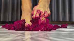 Bare Feet Crush Juicy Dragon Fruit & Create Colorful Sole Print Art, Fruit Crushing ASMR