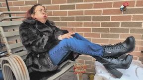 Outdoor smoking during canadian winter wearing a vintage fur jacket, denim jeans and boots vol 124 Non Nude smoking