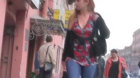 Candid voyeur redhead teen in tight jeans