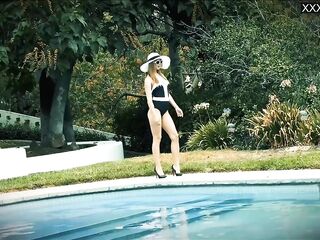 Linda enjoys herself by the pool
