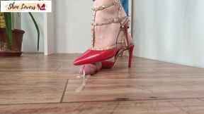 Red studded slingbacks: shoejob, cock crush, CBT, stomping-1080