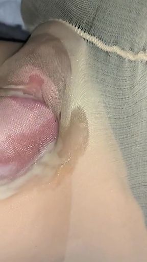 Intense Cumshot in the Shiny Nude Pantyhose That I Stole