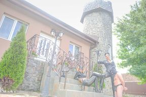 Slave worshiping Ezada and Zeida boots tied to Dracula Femdom Castle dragon