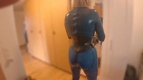 Blue Latex Doll in Ass Shaping Leggings, Public Masturbation, and Pierced Dick Sucking on Balcony - Part 1