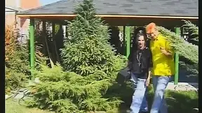 Superb brunette sucks and rides erect rod outdoors