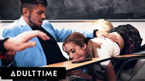 Petite blonde sucks classmate's cock under desk