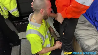 Tattooed trucker picks up a guy for raw bareback fun at a rest stop