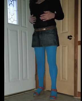 Crossdresser.  Caressing myself in nylon pantyhose and my new miniskirt.