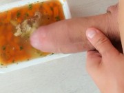Soup with own cum - Flavoring delivered food from restaurant with own " flavor " and tasting it