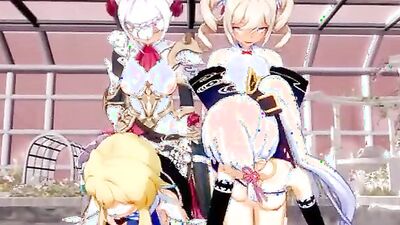 Two hot girls get double-teamed by two horny shemales in a hot foursome!