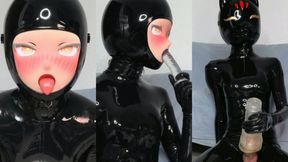 Gagged in latex kig fox mask and fleshlight masturbation