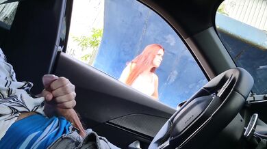 Risky redhead blowjob in my car while she watches me cum