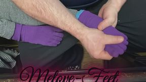 Melove getting her feet massaged in purple socks by Naelor