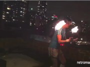 18 years old Gay teen Twink spins fire poi in underwear and socks