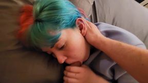 Young emo babe with big tits sucks and facefucks big cock in bedroom