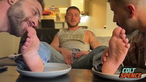 Hung jock serves up his thick cock and feet to Nick Charms and the barefoot otter