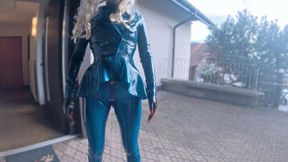 Blue Latex Doll in Ass Shaping Leggings, Public Masturbation, and Pierced Dick Sucking on Balcony - Part 2