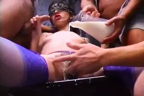 German Blindfolded Slut takes big cock in fetish gang bang session