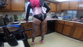 Big Fake Tits Crossdresser Doing Housework in Corset and Heels