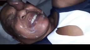 Go down, gagged and slobbery, to get face-pumped and then blasted with a cum-shot