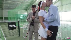 Nymphomaniac Tennis Girl talk two Big Dick Boys to Fuck her Anal and DP before massive Cumshot on Court